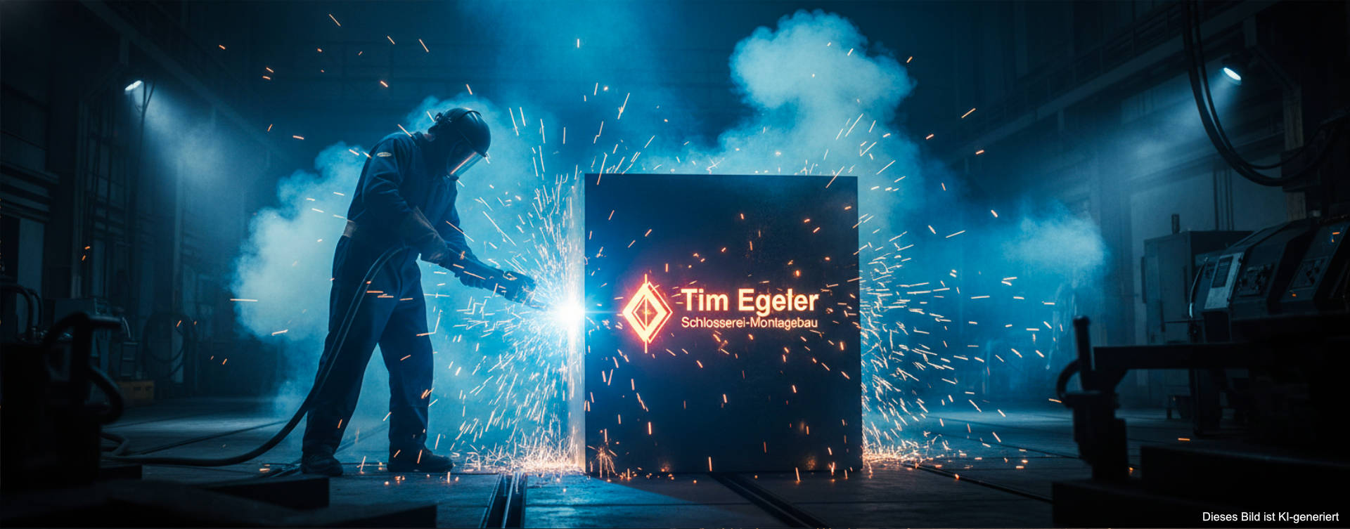 Schlosserei Egeler Start - Mann brennt Logo in großen Stahlblock