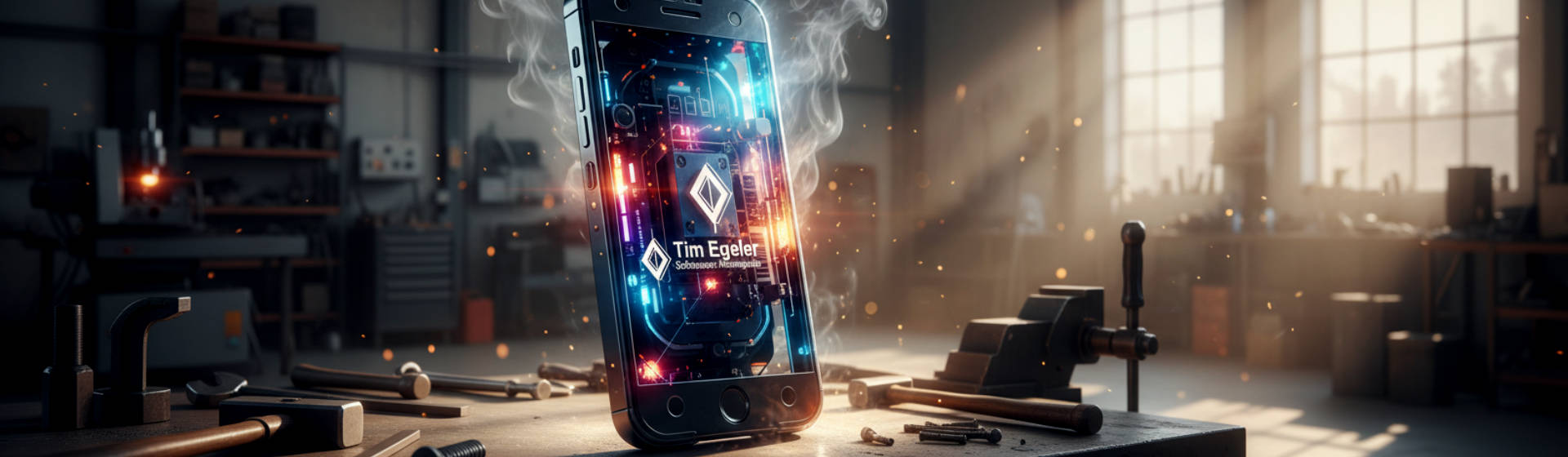 Futuristisches Mobiltelefon in Schlossereiumgebung